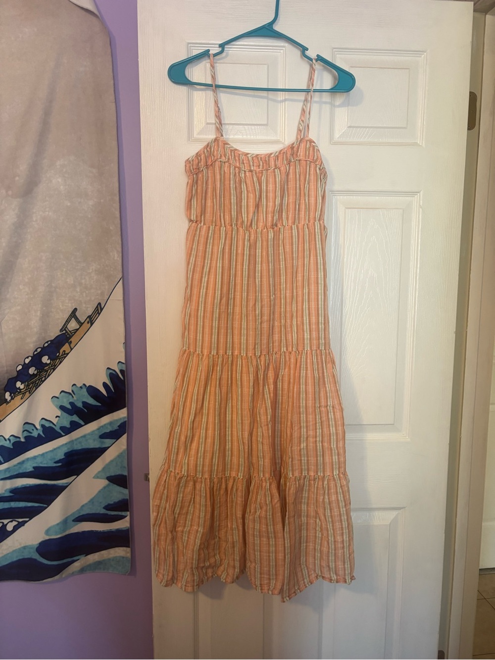 aerie Peach and White Striped Spaghetti-Strap Maxi Dress